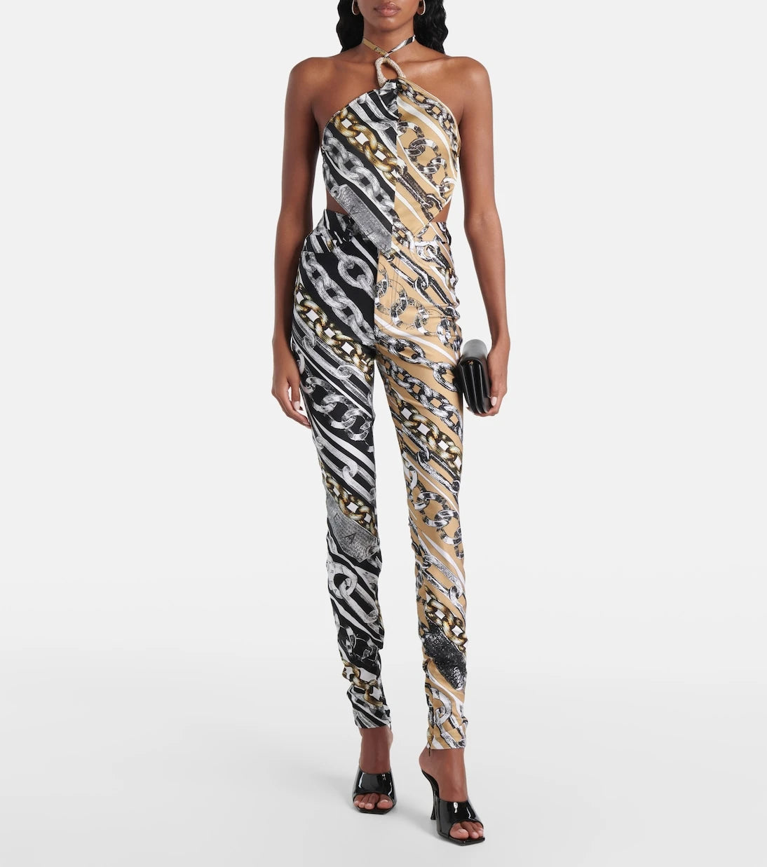 Area - Printed embellished halter-neck crop top