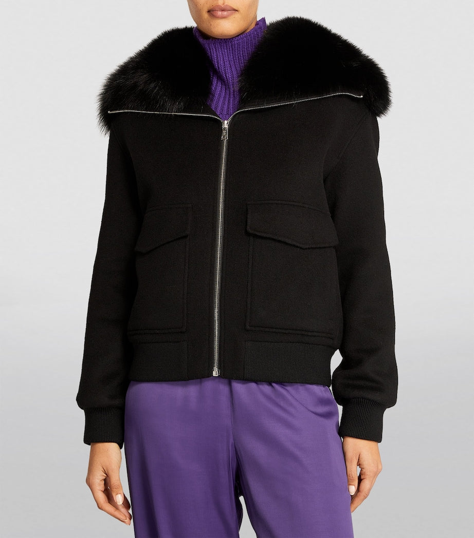 Yves Salomon Black Fur-Collar Bomber Jacket