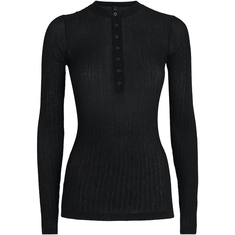Skims Black Sheer Knit Henley Top
