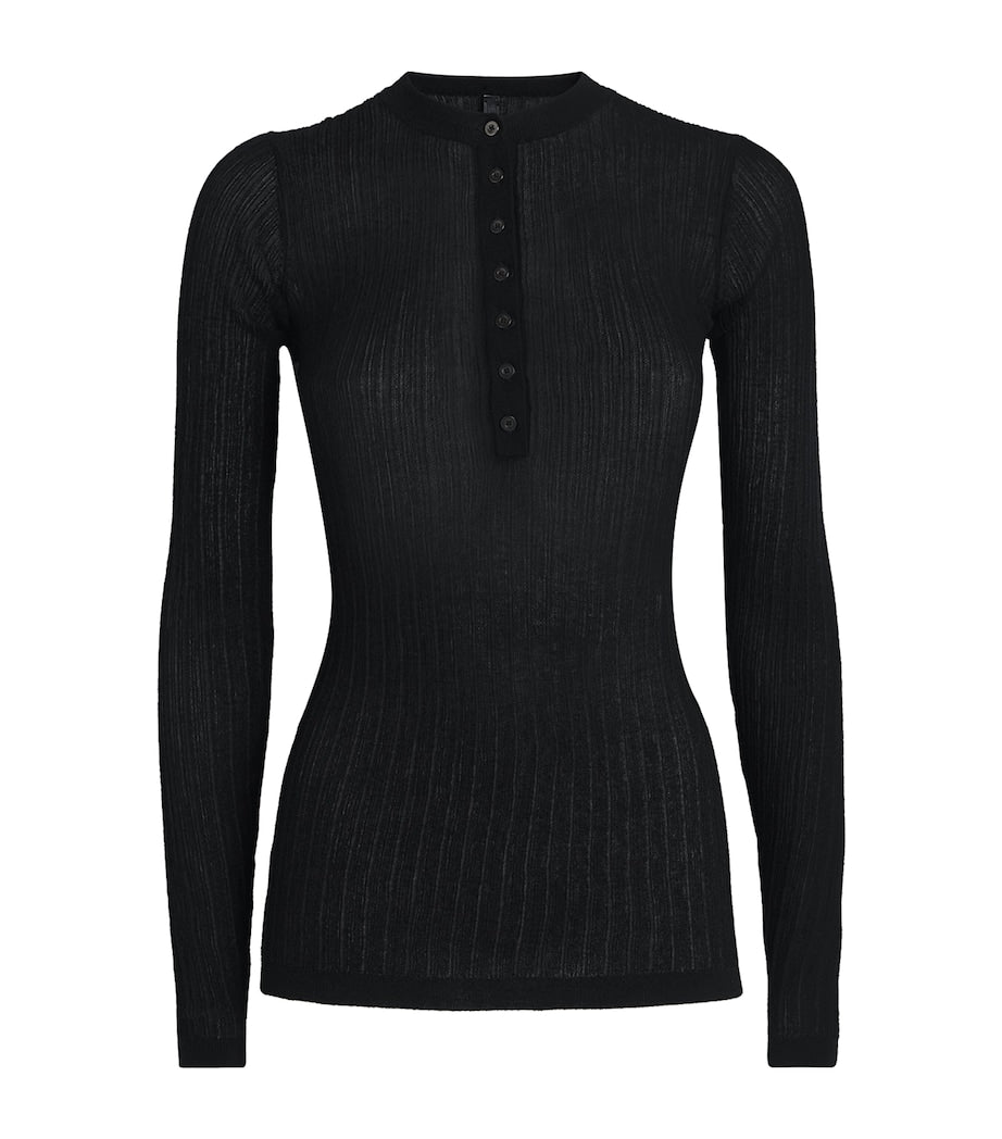 Skims Black Sheer Knit Henley Top
