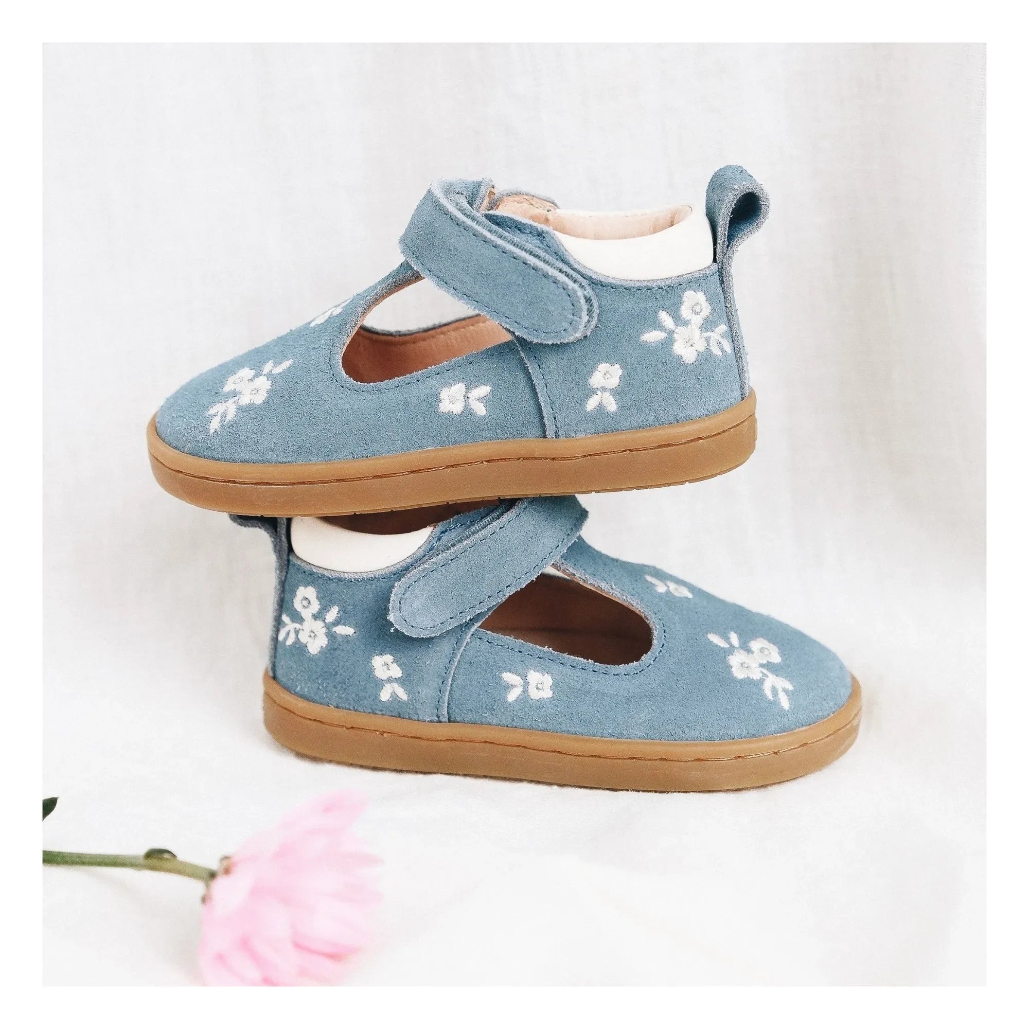 Lazare - Babies Embroidered Pia Etoile Flowers Suede | Denim blue