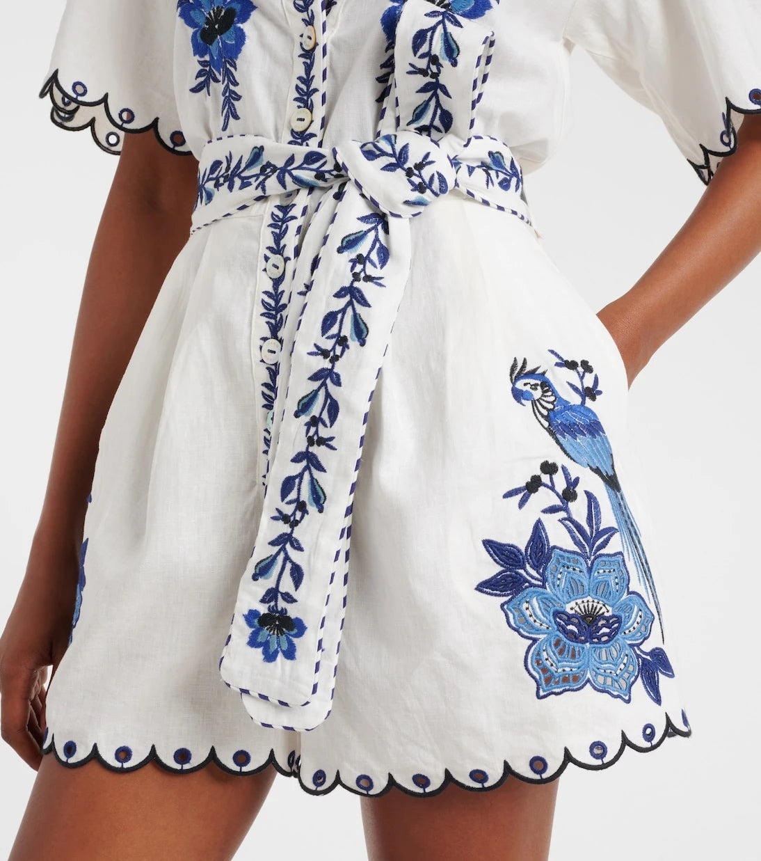 Farm Rio - Embroidered linen-blend romper