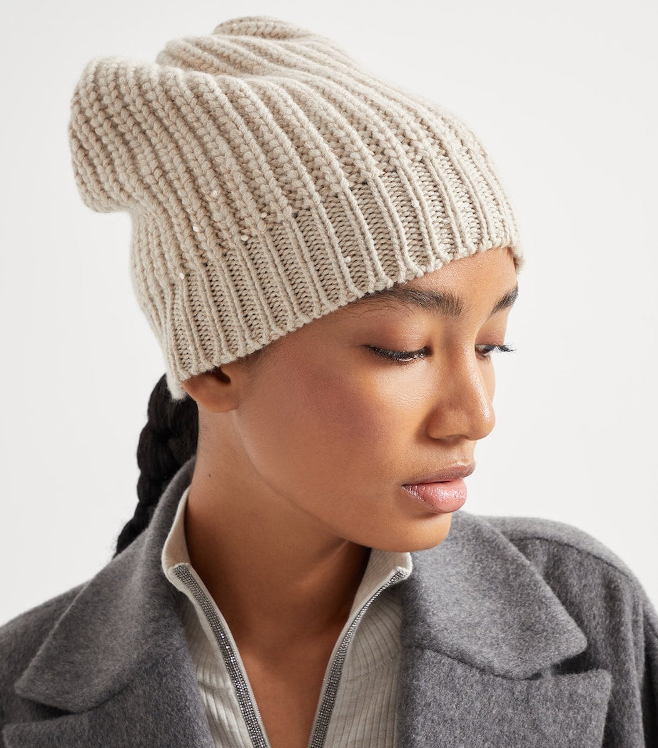 Brunello Cucinelli Beige Cashmere-Silk Embellished Beanie