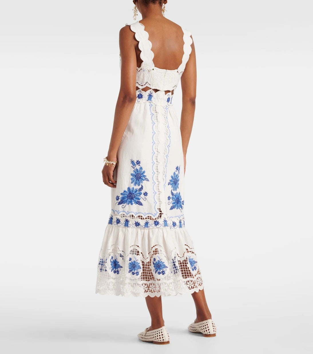 Farm Rio - Embroidered linen-blend midi dress