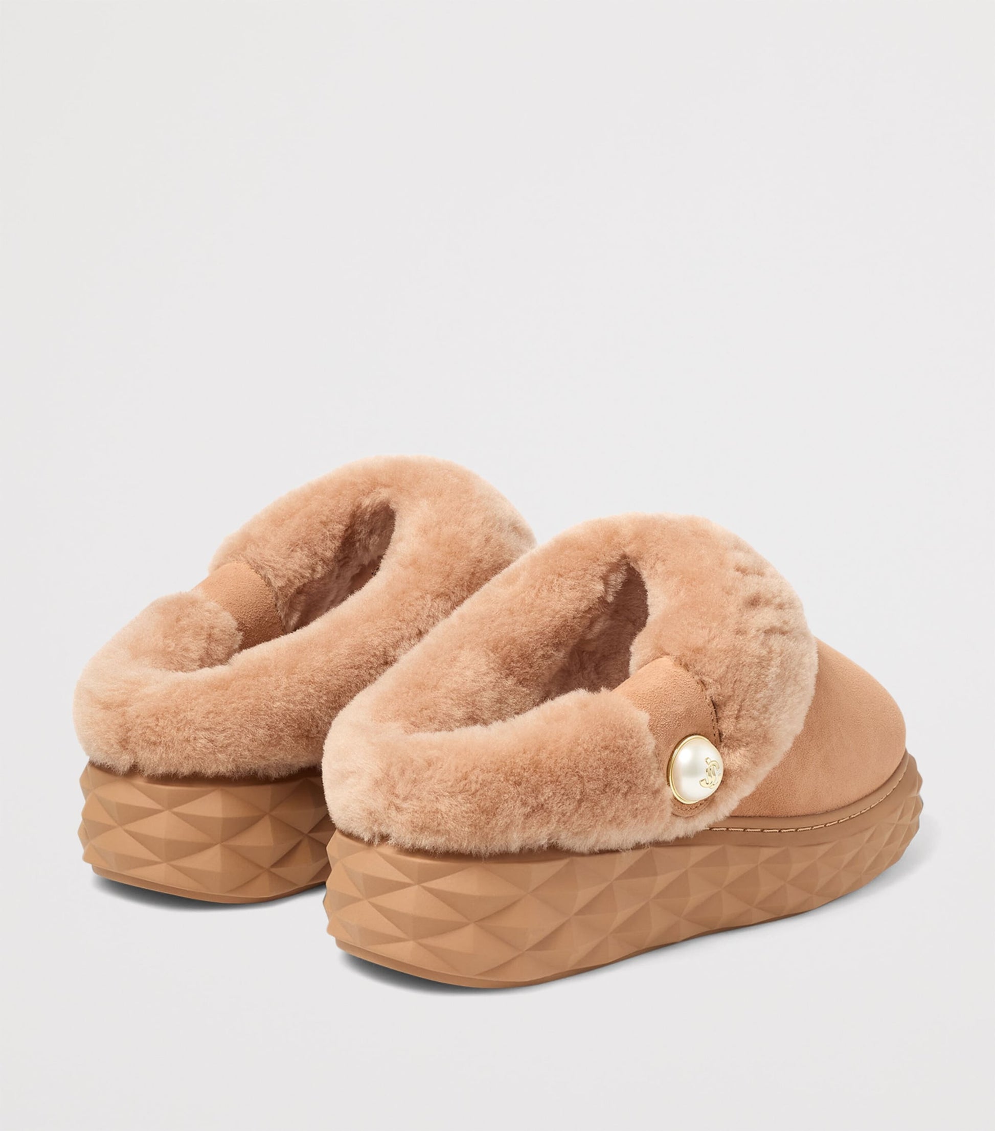 Beige Diamond Maxi Suede-Shearling Mules