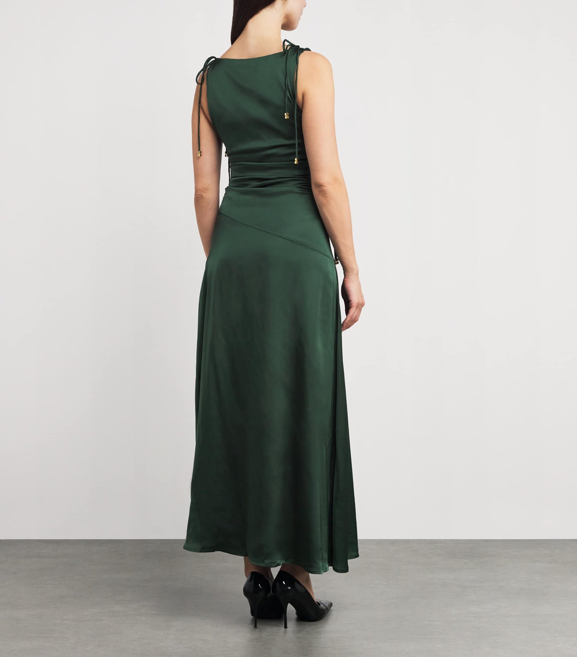 GANNI Green Satin Ruched Maxi Dress
