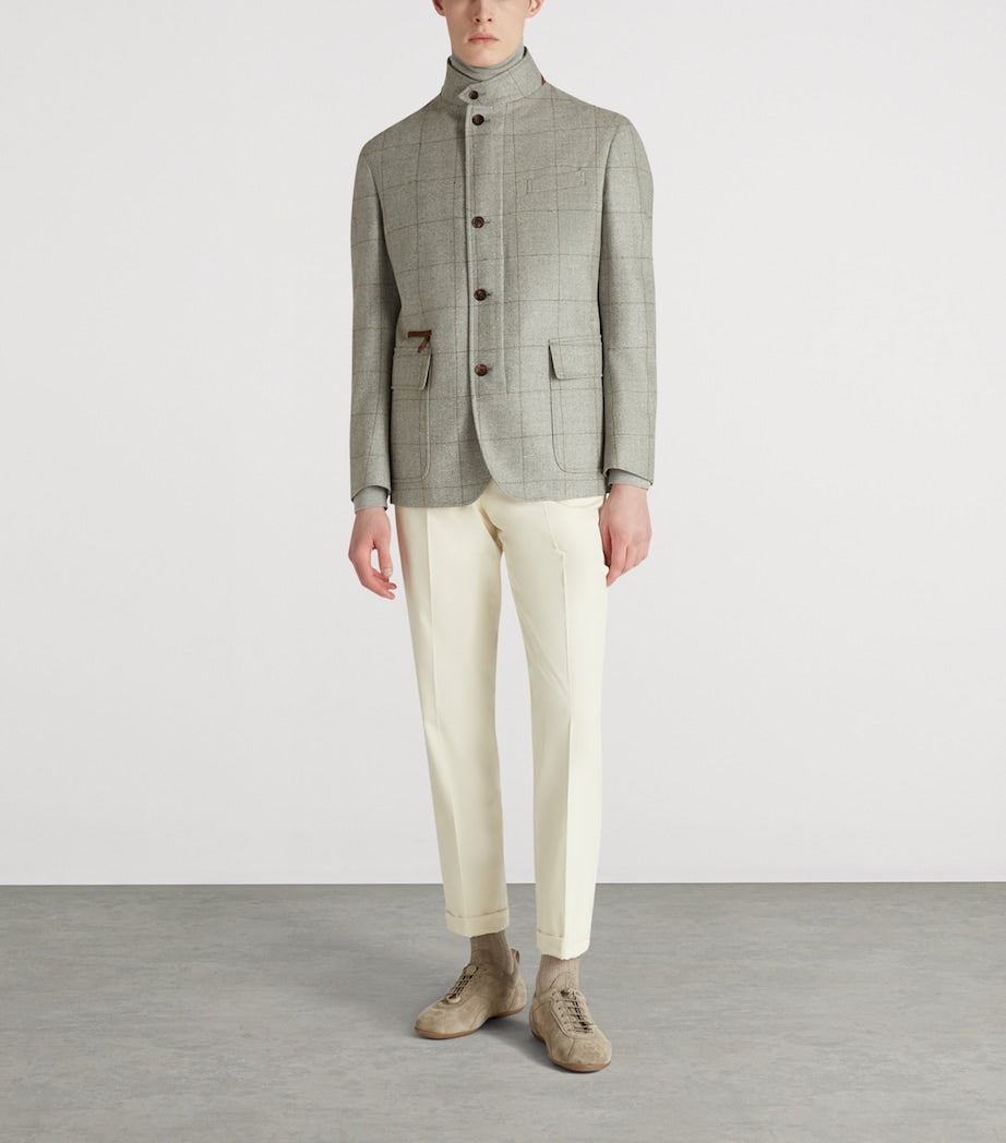 Grey Wool-Silk Herringbone Travel Jacket