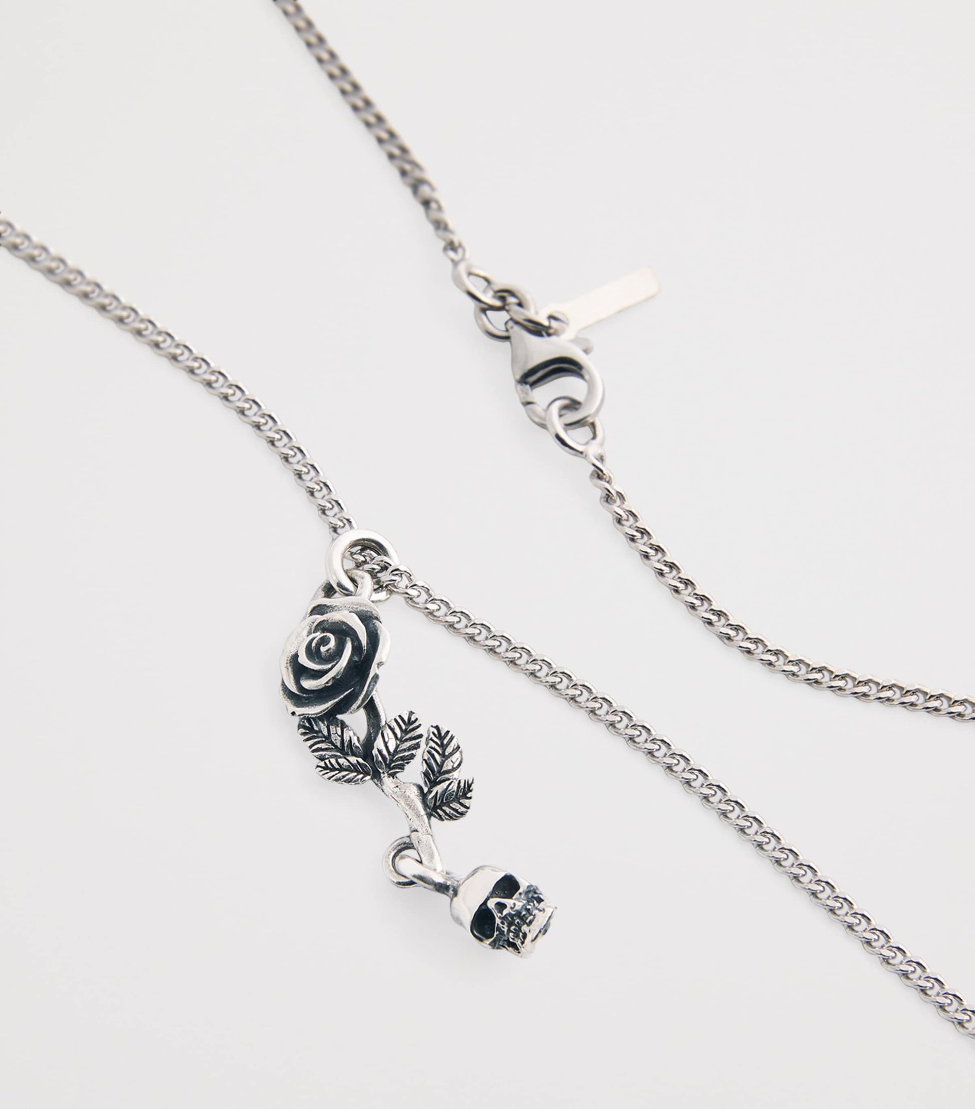 Sterling Silver Rose and Skull Pendant Necklace