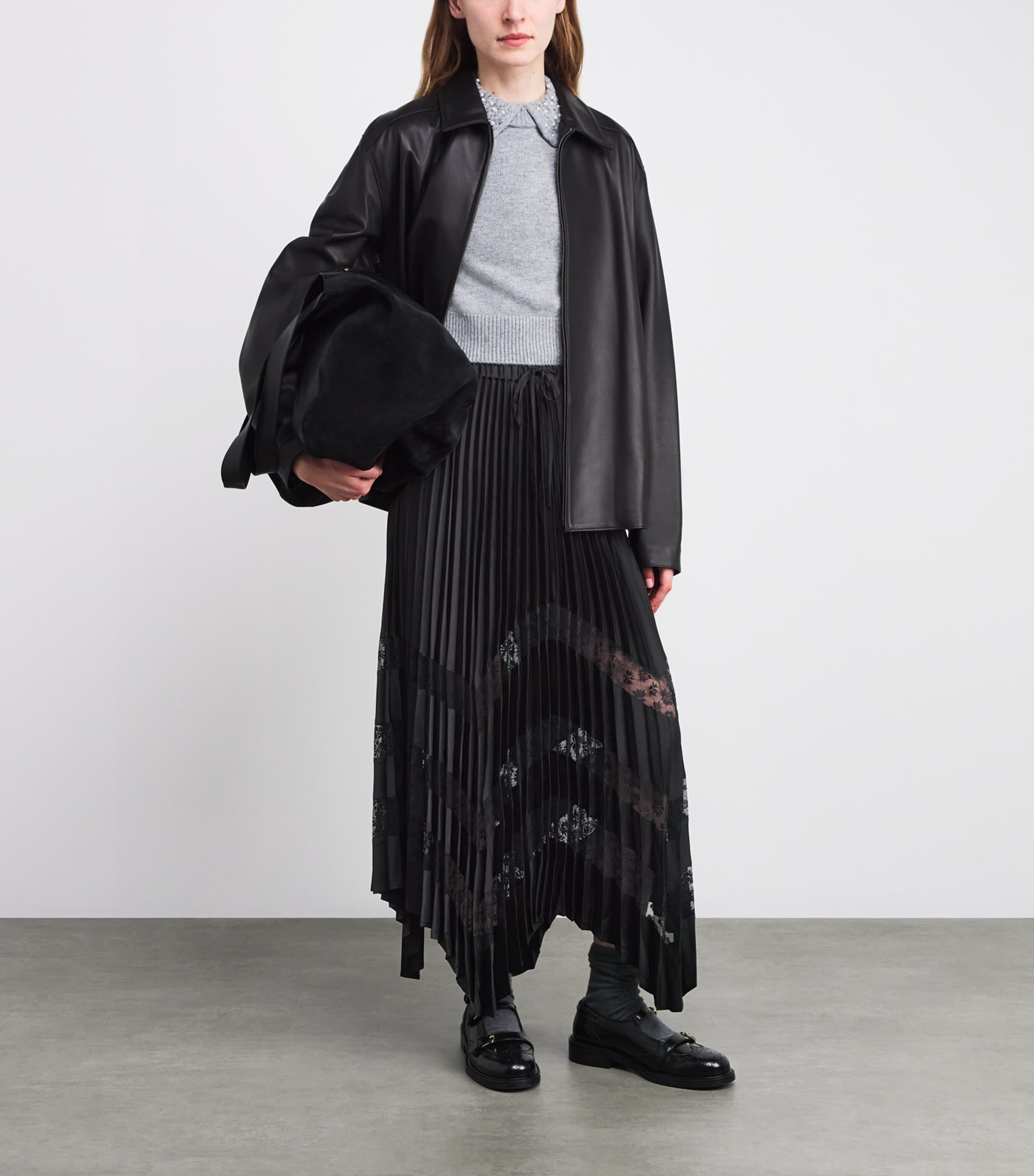 Claudie Pierlot Black Lace-Trim Pleated Maxi Skirt