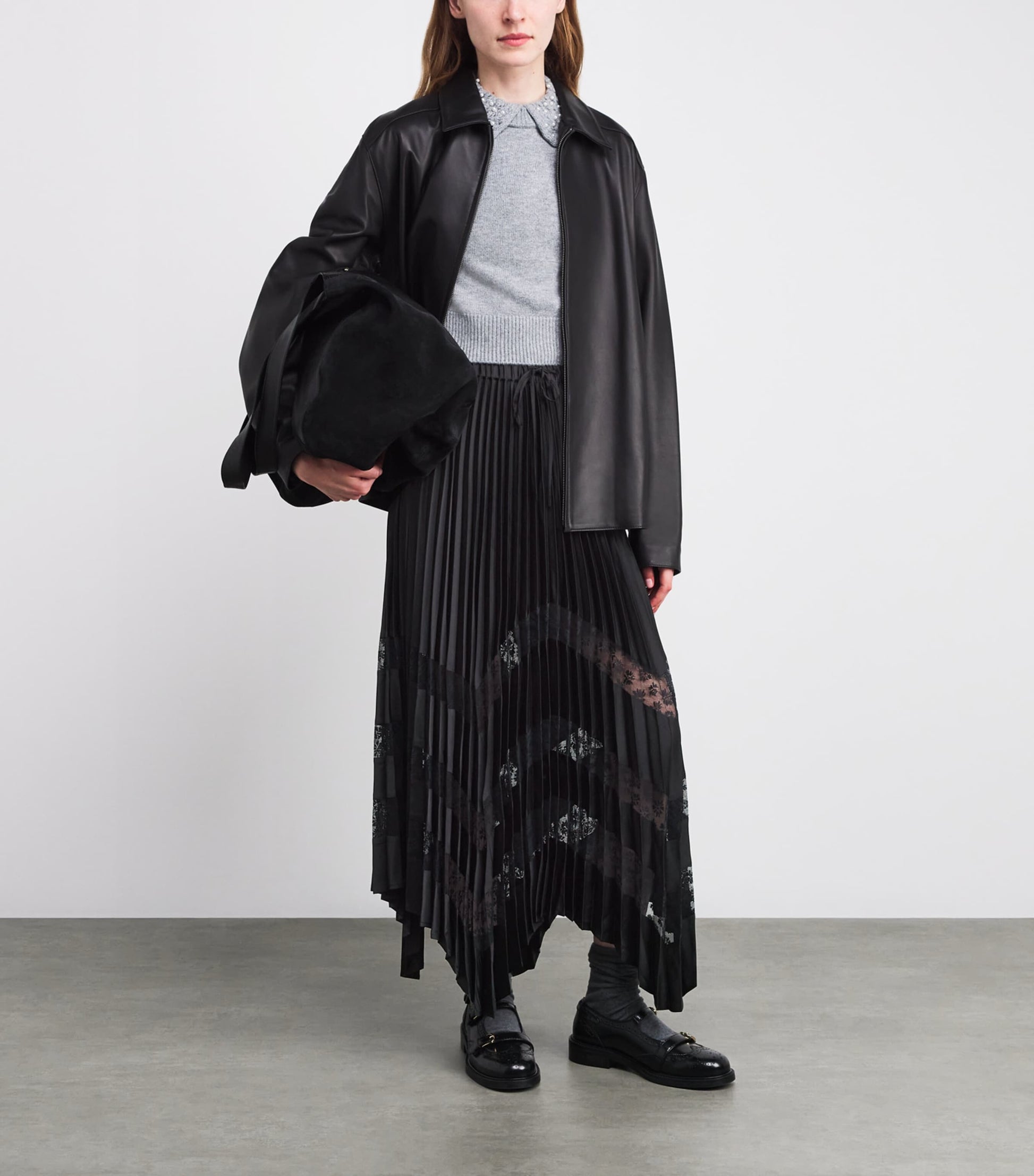 Claudie Pierlot Black Lace-Trim Pleated Maxi Skirt