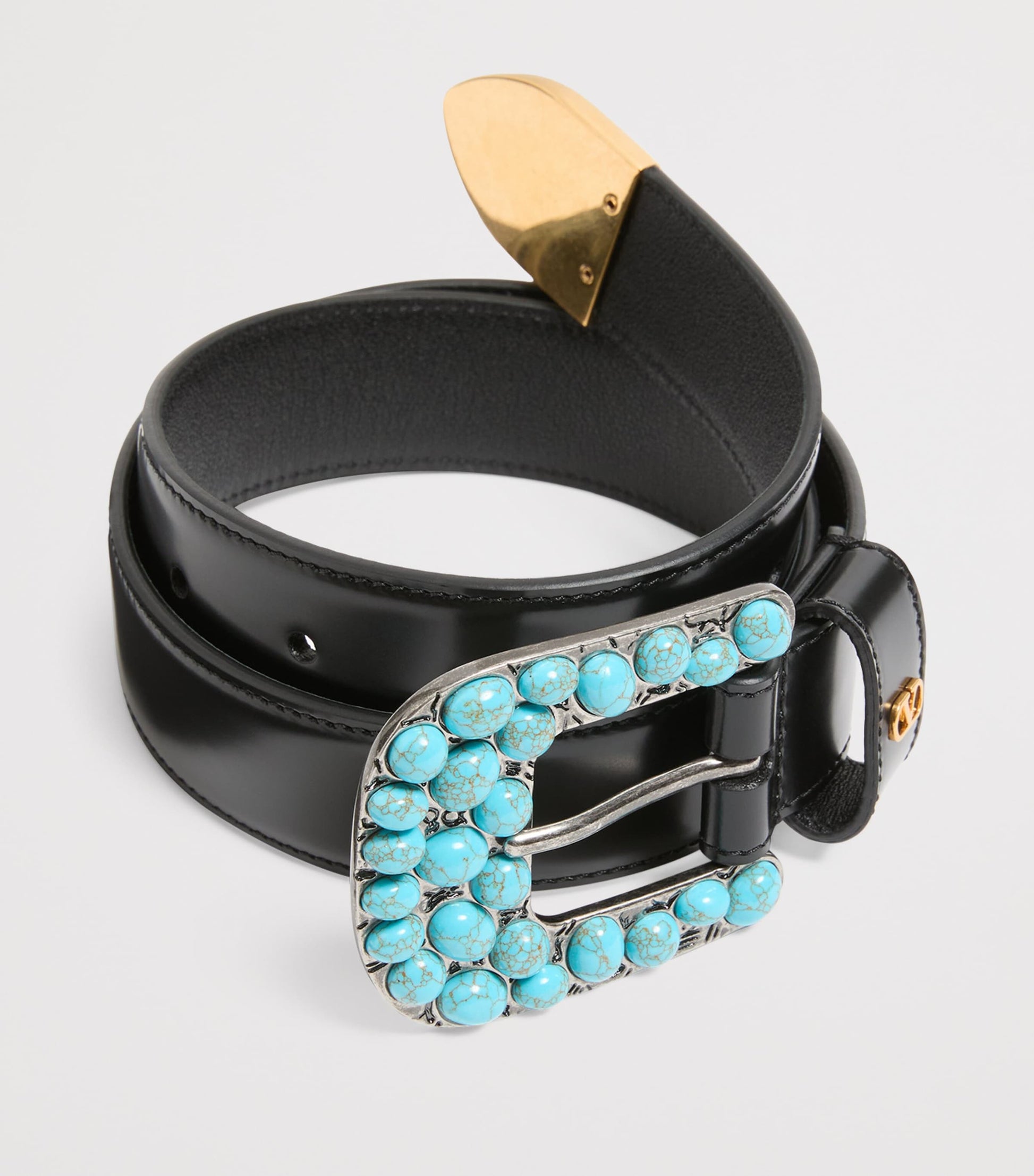 Valentino Garavani Black Leather VLogo Signature Gemstone Belt