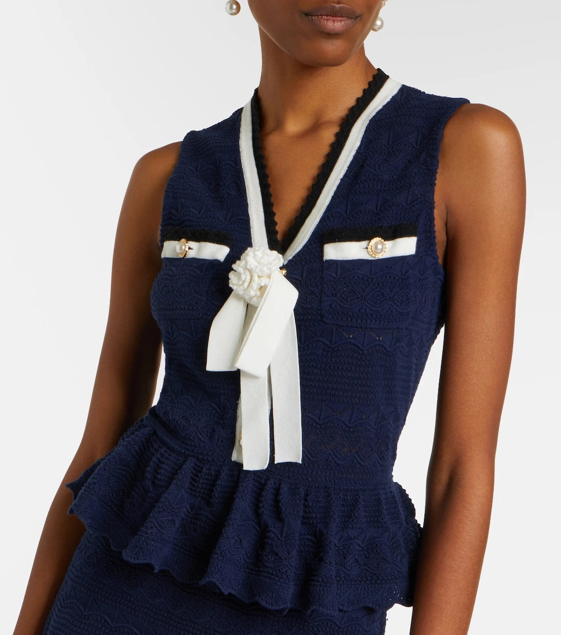 Self-Portrait - Peplum pointelle cotton-blend minidress