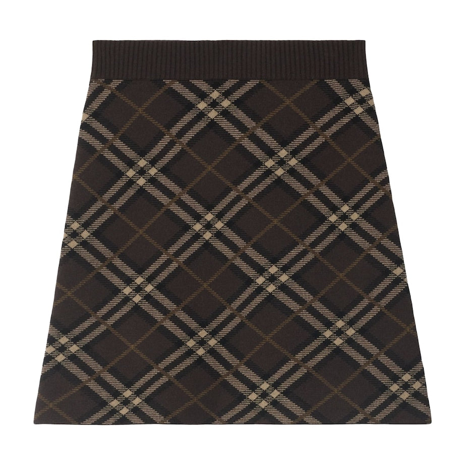 Burberry Brown Wool-Cashmere Check Jacquard Mini Skirt