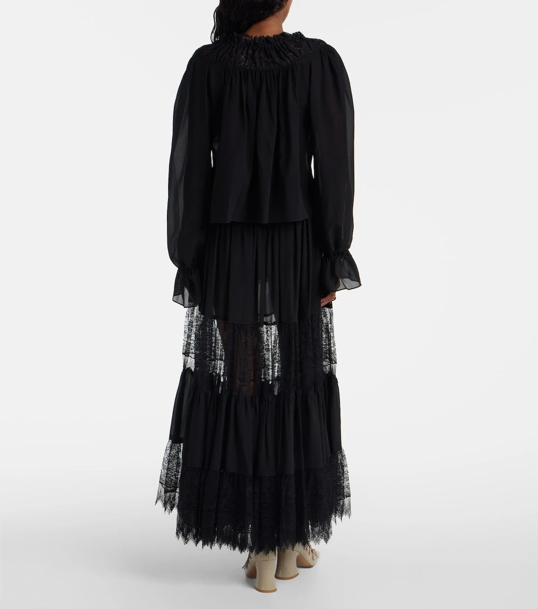 Chloé - Gathered lace-trimmed silk georgette blouse