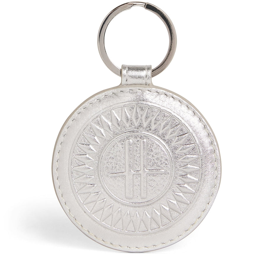 Silver Leather Metallic Circle Keyring