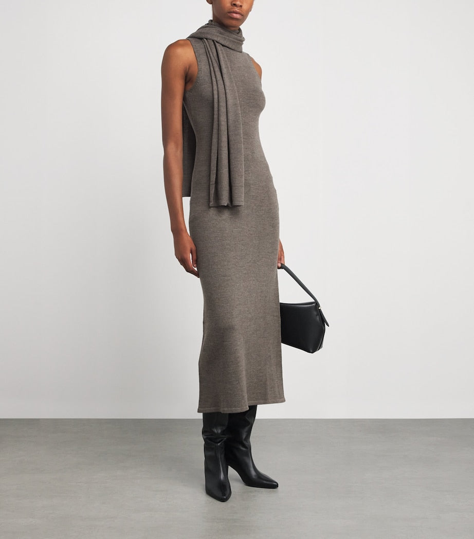 STAUD Brown Wool Scarf-Neck Canal Midi Dress