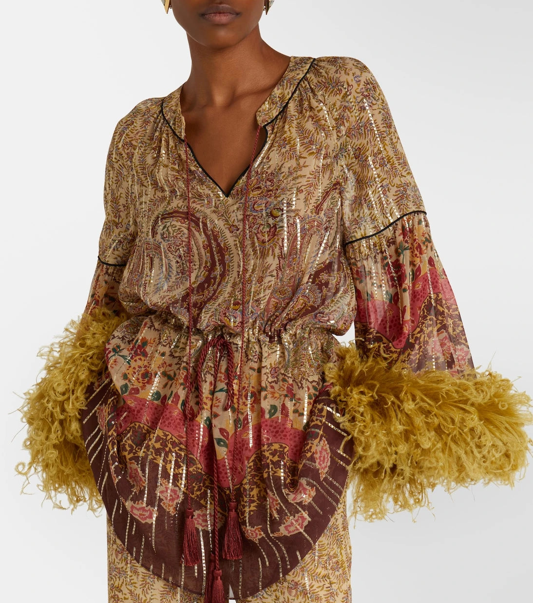 Valentino - Paisley feather-trimmed silk-blend blouse
