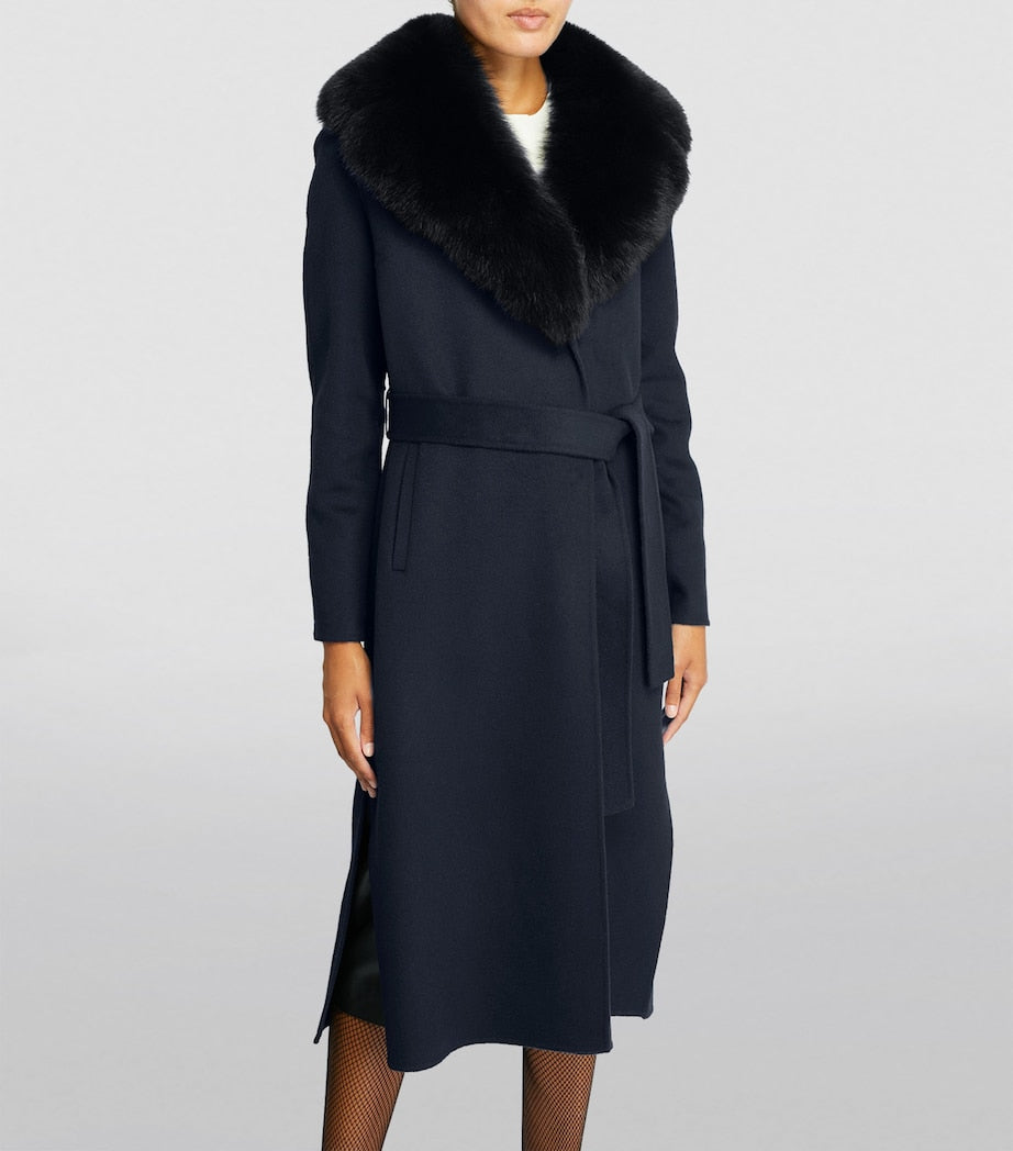 Yves Salomon Blue Cashmere-Wool Fox Fur-Trim Coat