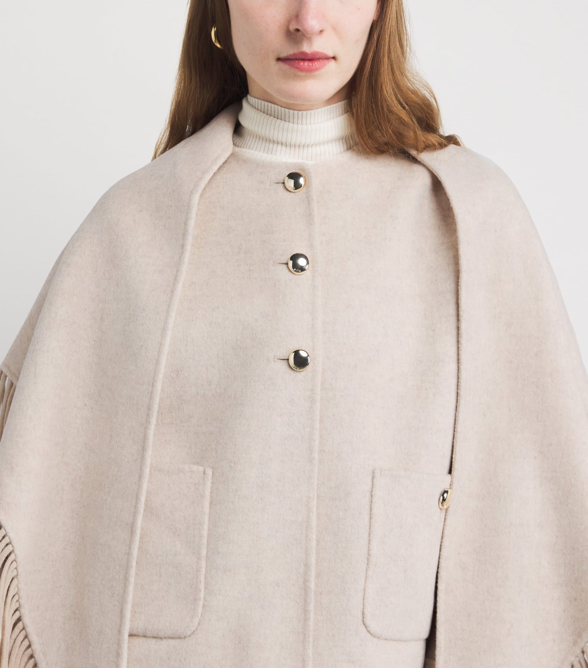 Maje White Wool-Blend Cape-Overlay Coat