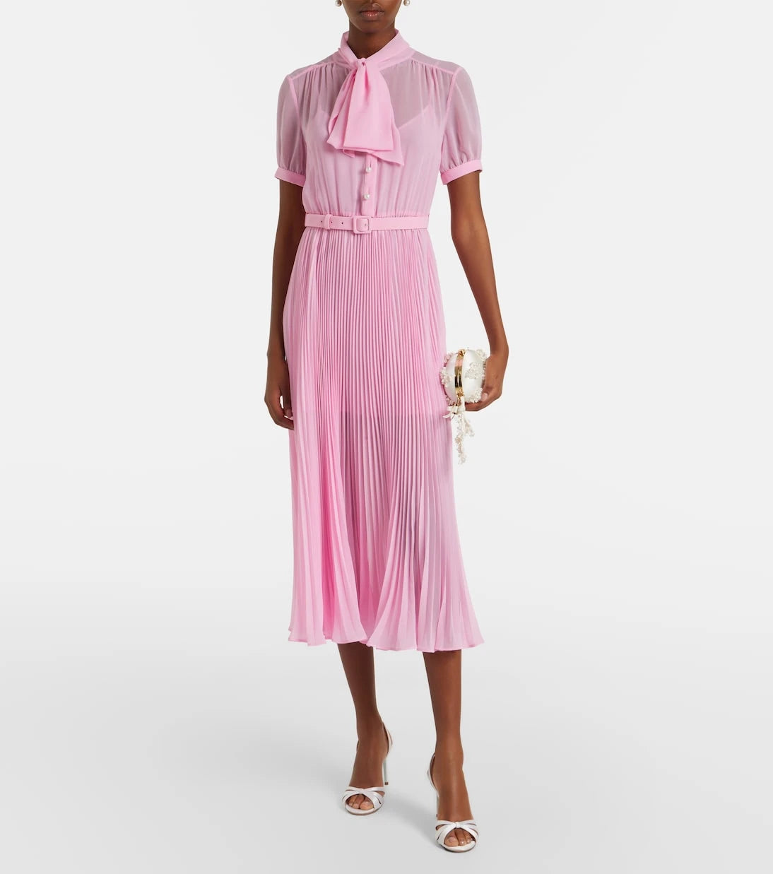 Self-Portrait - Belted tie-neck georgette midi dress