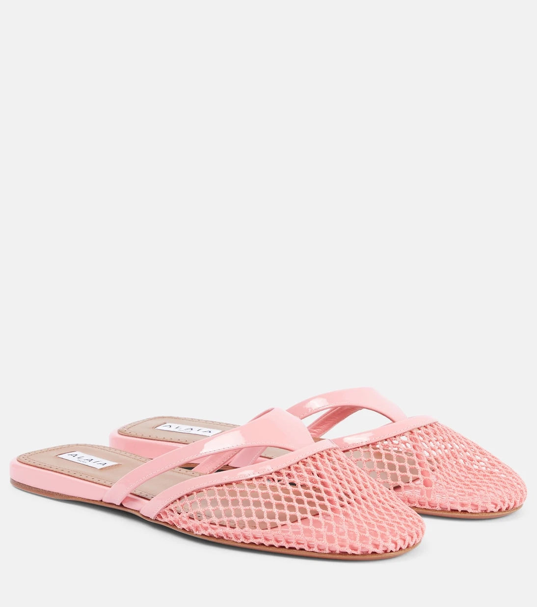 Alaïa - Patent leather-trimmed fishnet mules