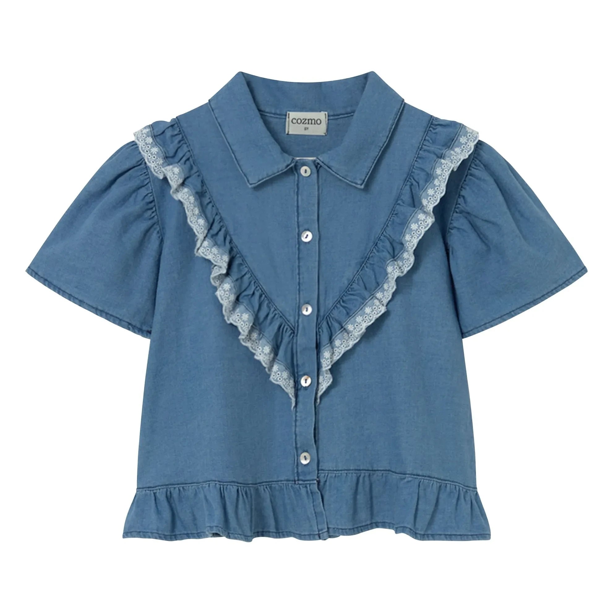 Cozmo - Hazel Denim Ruffle Blouse | Blue
