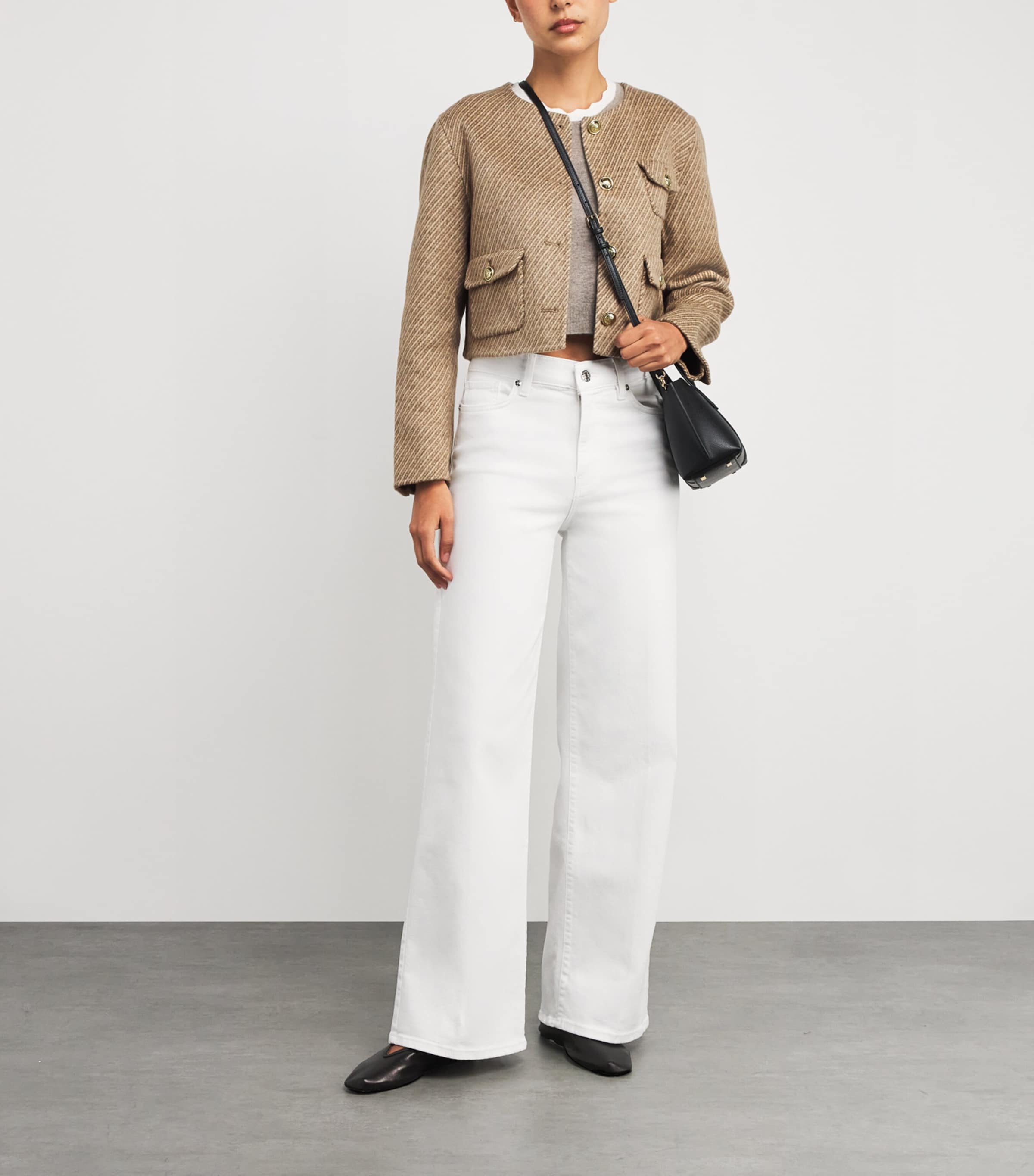 Sandro Paris Beige Wool-Blend Stripe Cropped Jacket