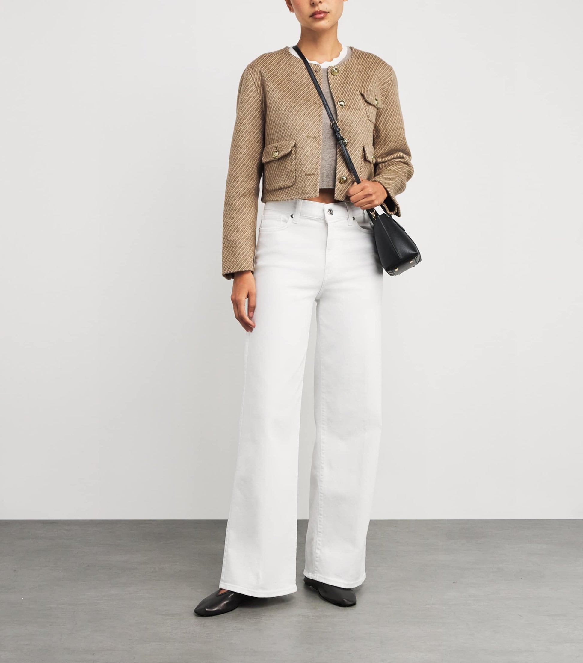 Sandro Paris Beige Wool-Blend Stripe Cropped Jacket