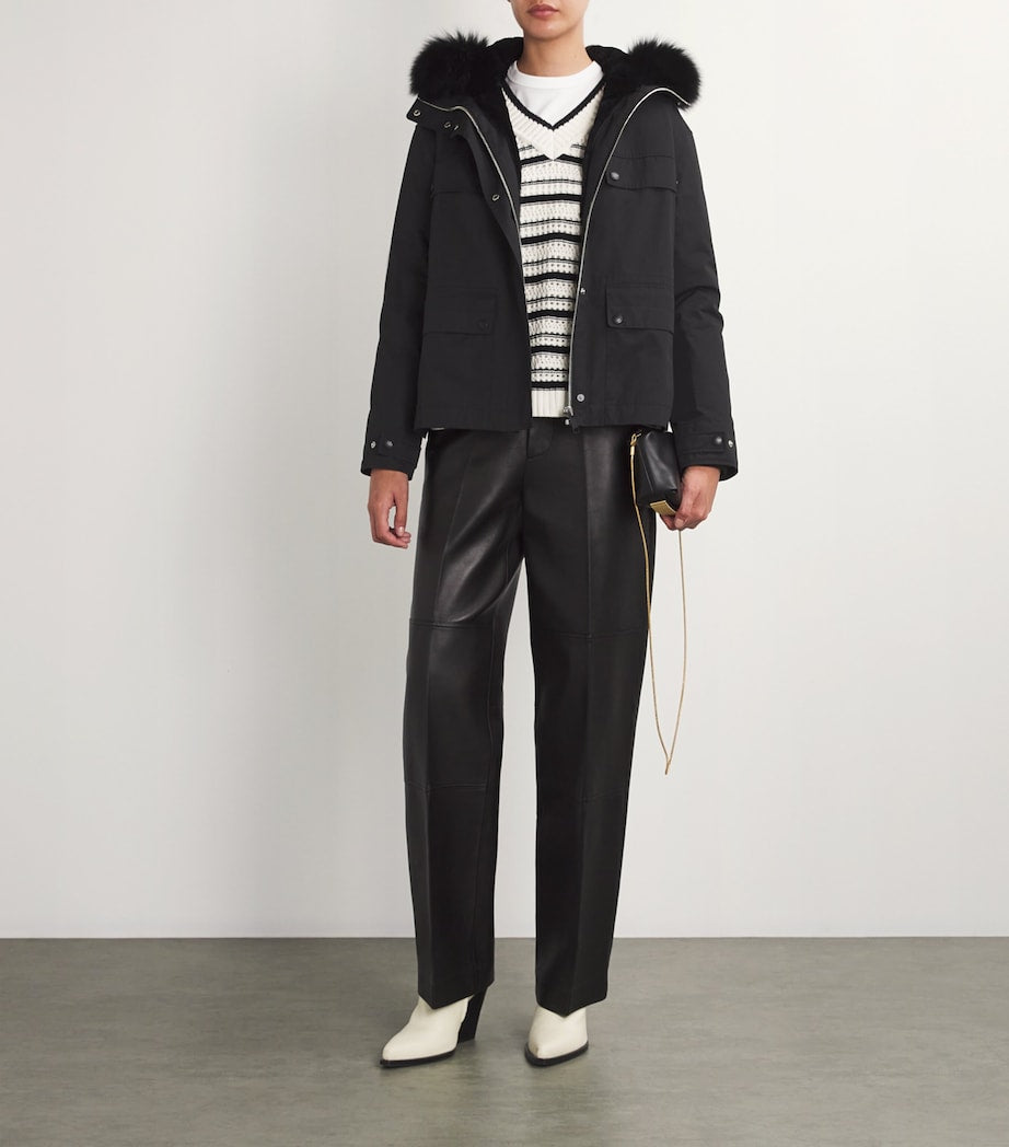 Black Rabbit Fur-Lined Parka Coat