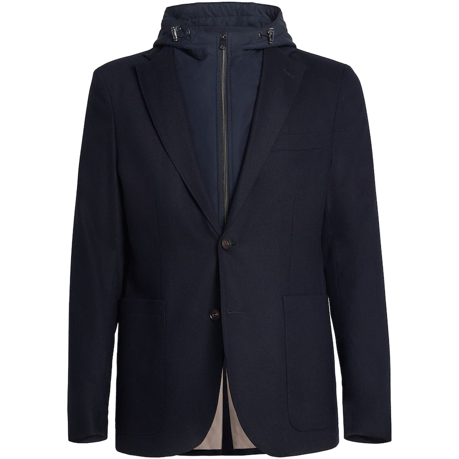 Navy Hooded Wool-Blend Blazer
