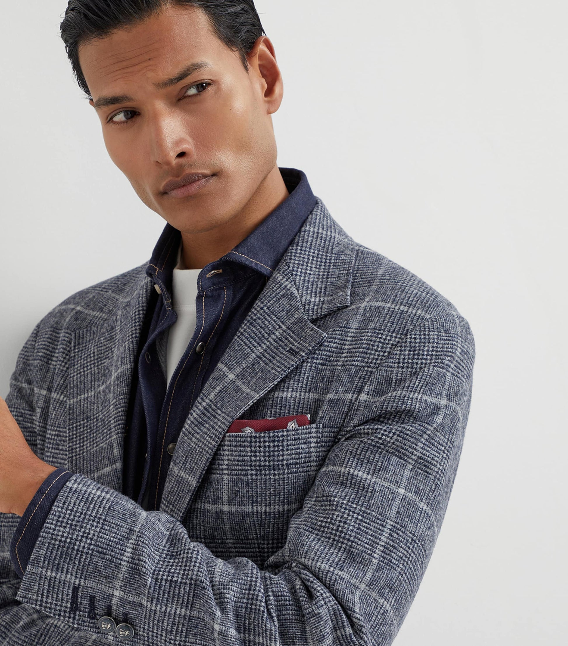 Brunello Cucinelli Blue Alpaca-Wool Check Blazer