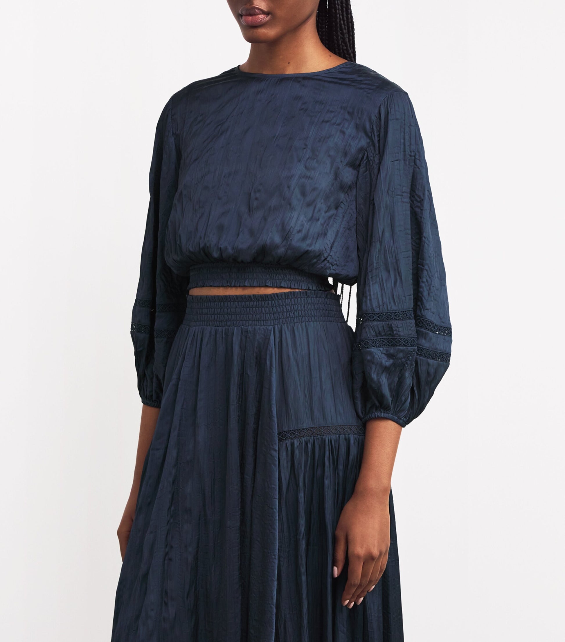 Blue Cropped Lace-Detail Blouse