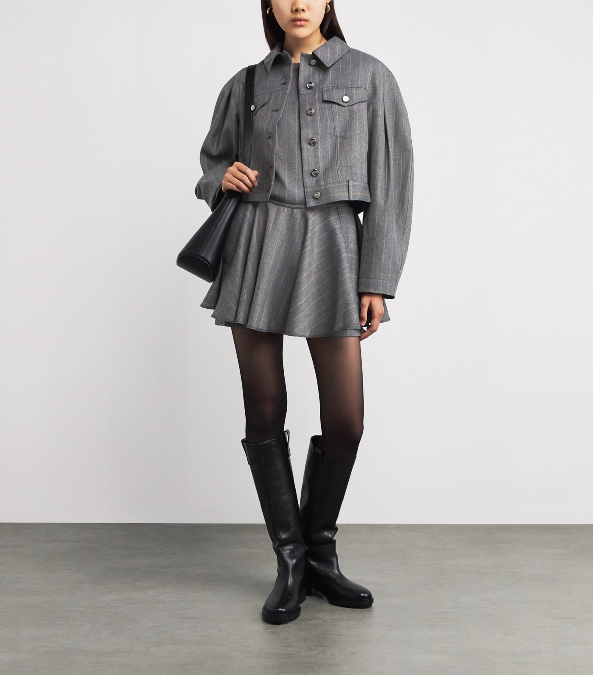 GANNI Grey Detachable-Collar Stripe Mini Dress