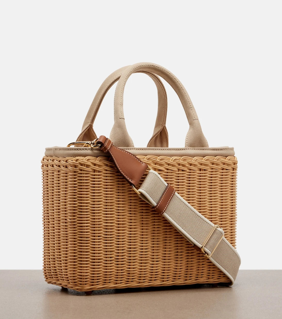Prada - Medium wicker and canvas tote bag