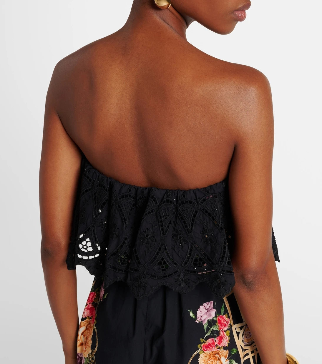 Camilla - Floral ruffled strapless cotton jumpsuit