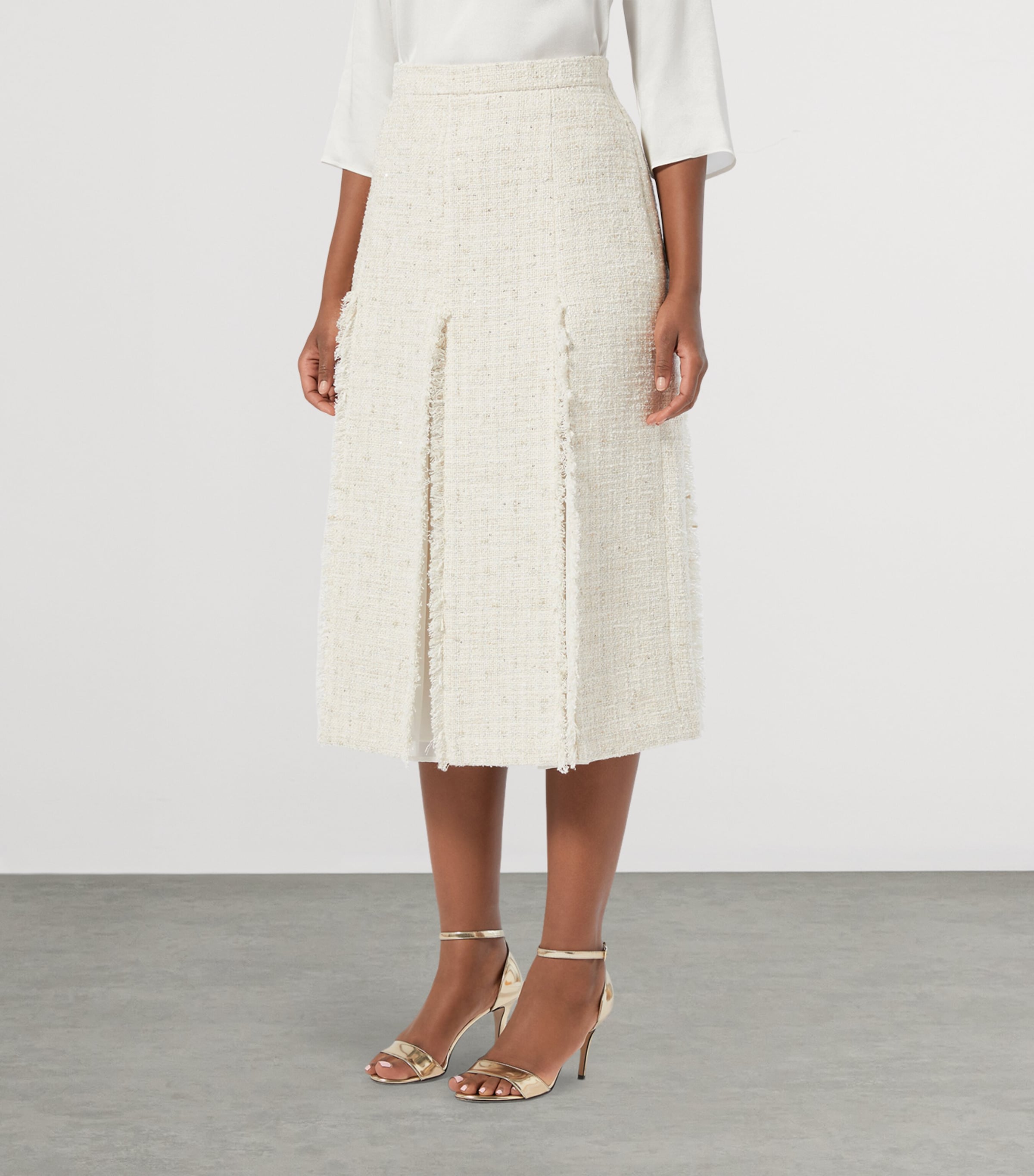 Marina Rinaldi White Tweed Pleated Midi Skirt