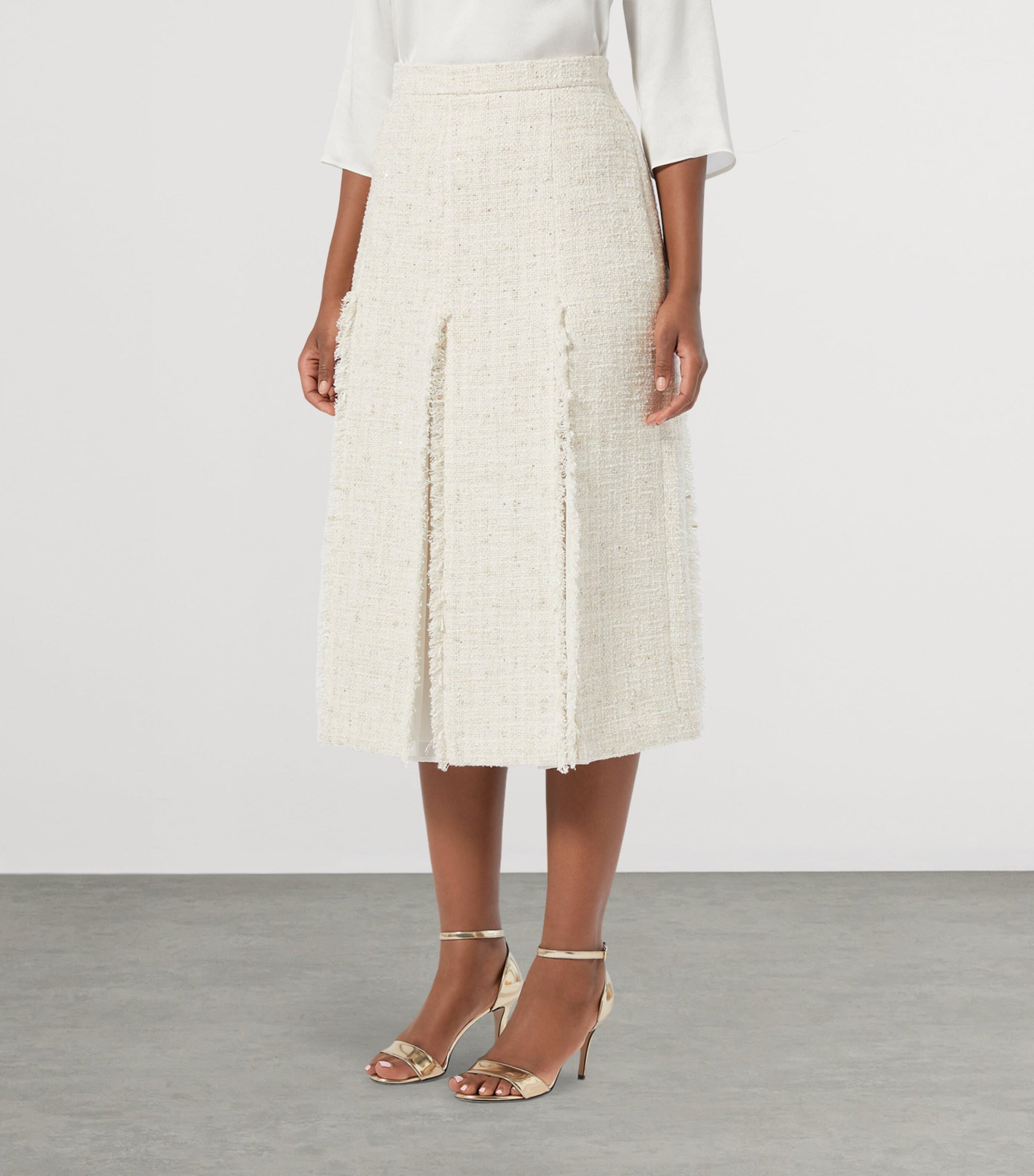 Marina Rinaldi White Tweed Pleated Midi Skirt