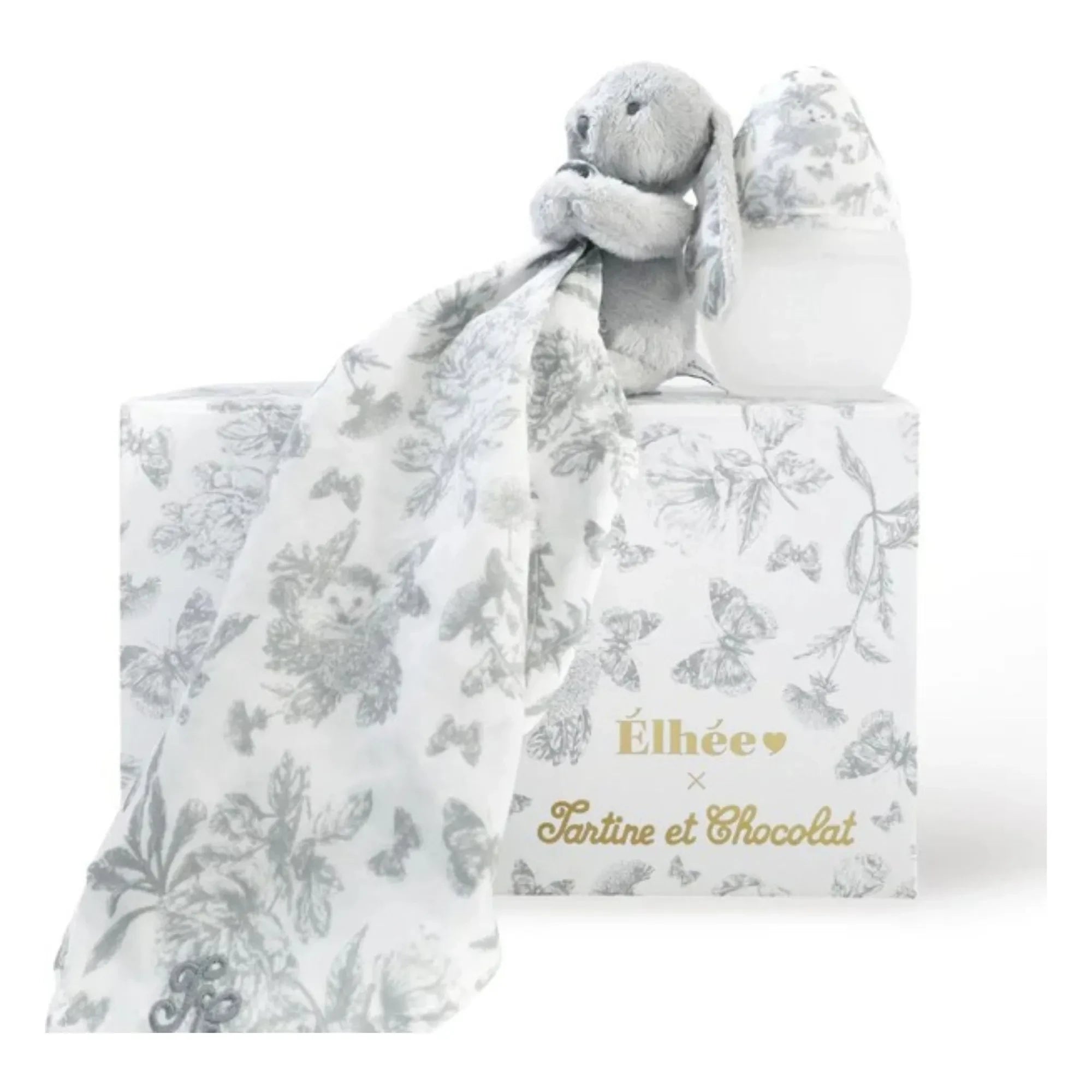 Elhée - Augustin le lapin Toile de Jouy medical silicone baby bottle and comforter set - Elhée x Tartine et Chocolat | Grey