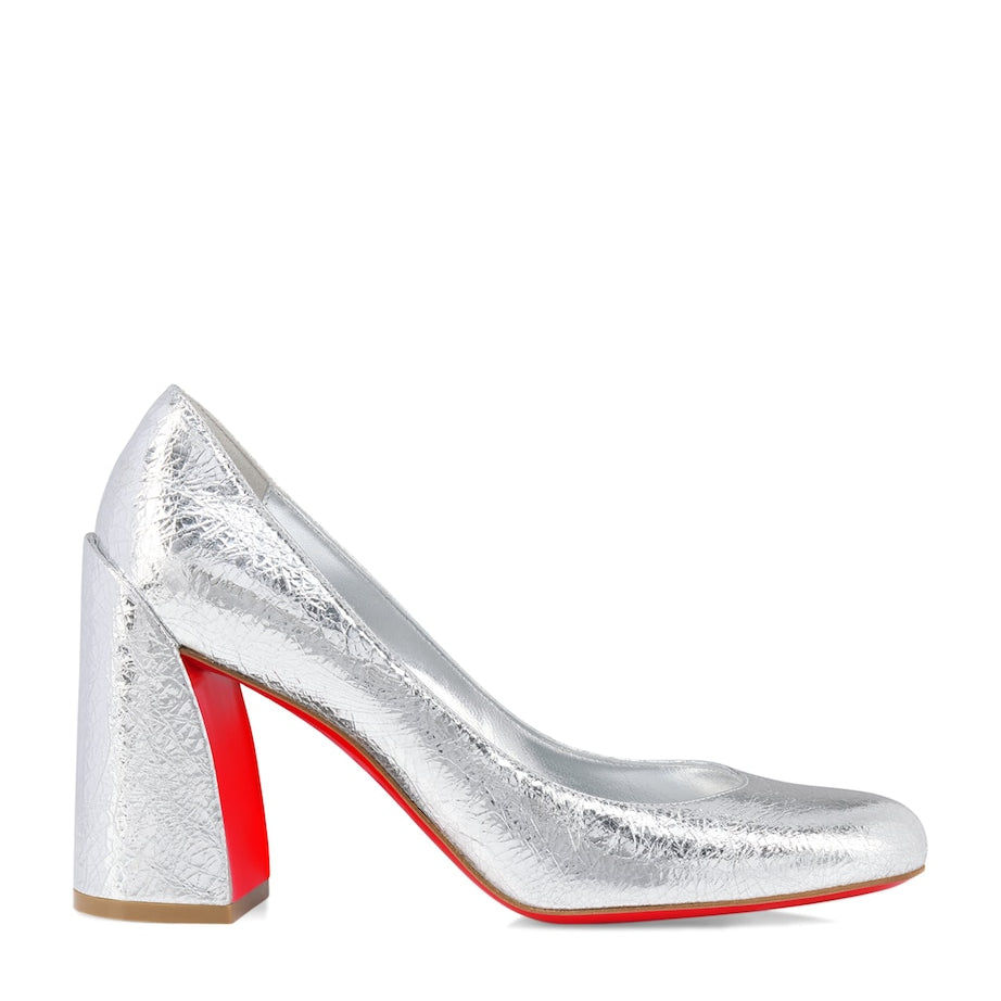 Christian Louboutin Silver Miss Sab Crinkled Calf Leather Pumps 85