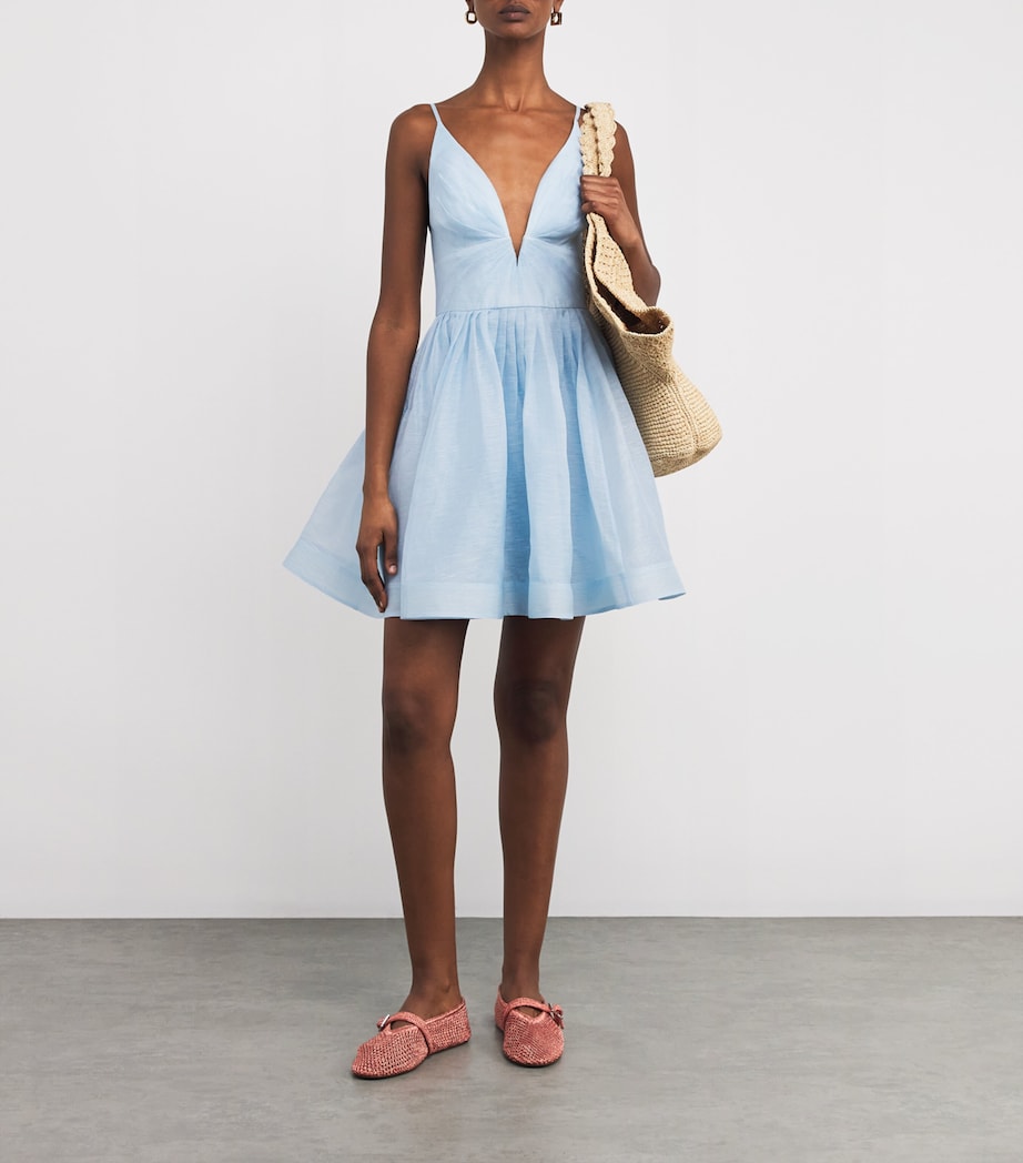 Blue Linen-Silk Plunge-Neck Mini Dress