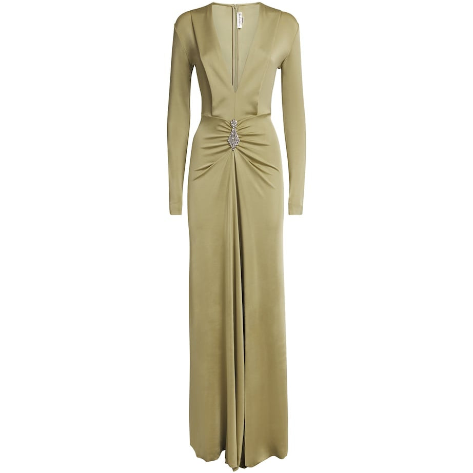 Victoria Beckham Green Long-Sleeve V-Neck Gown