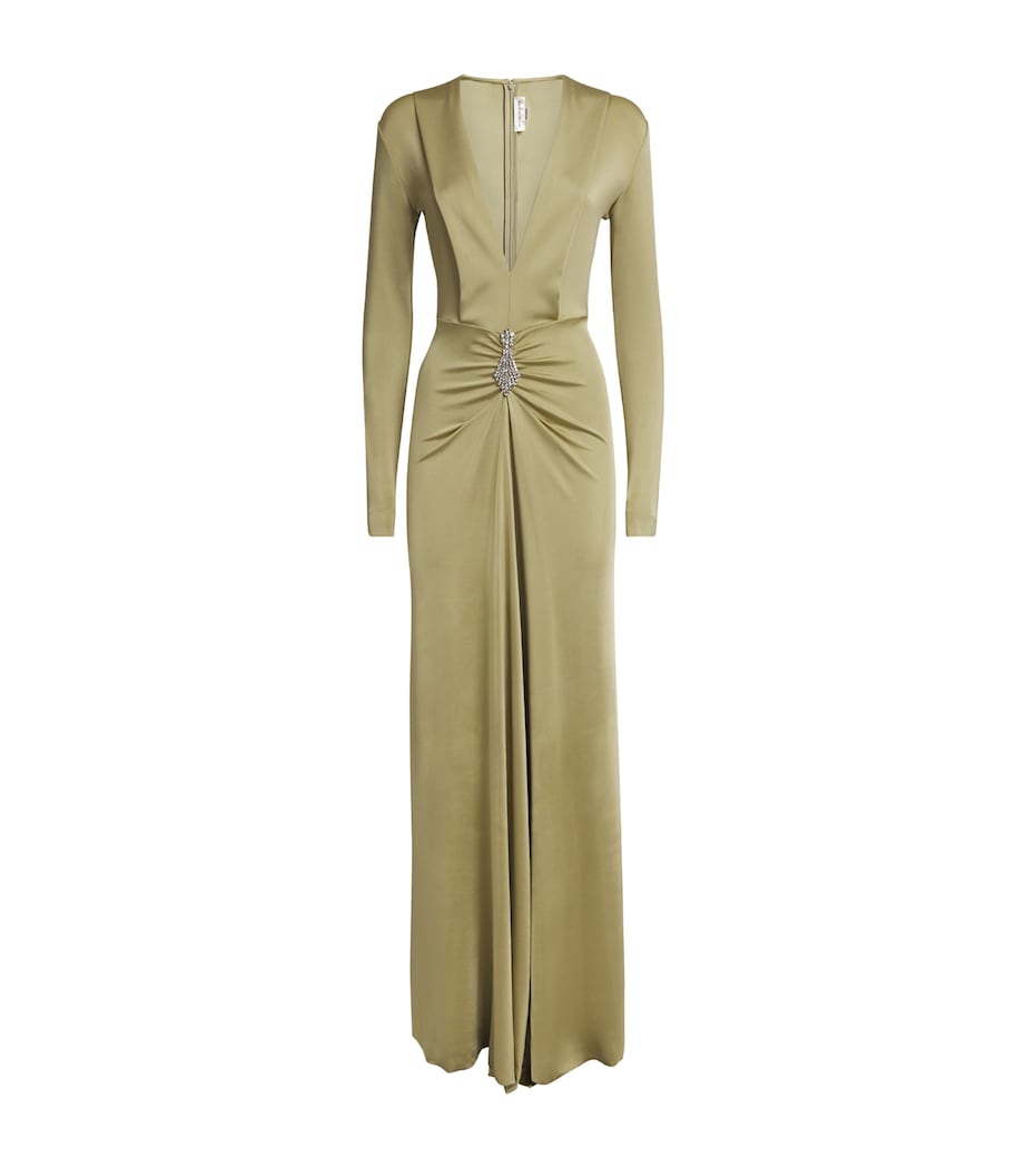 Victoria Beckham Green Long-Sleeve V-Neck Gown