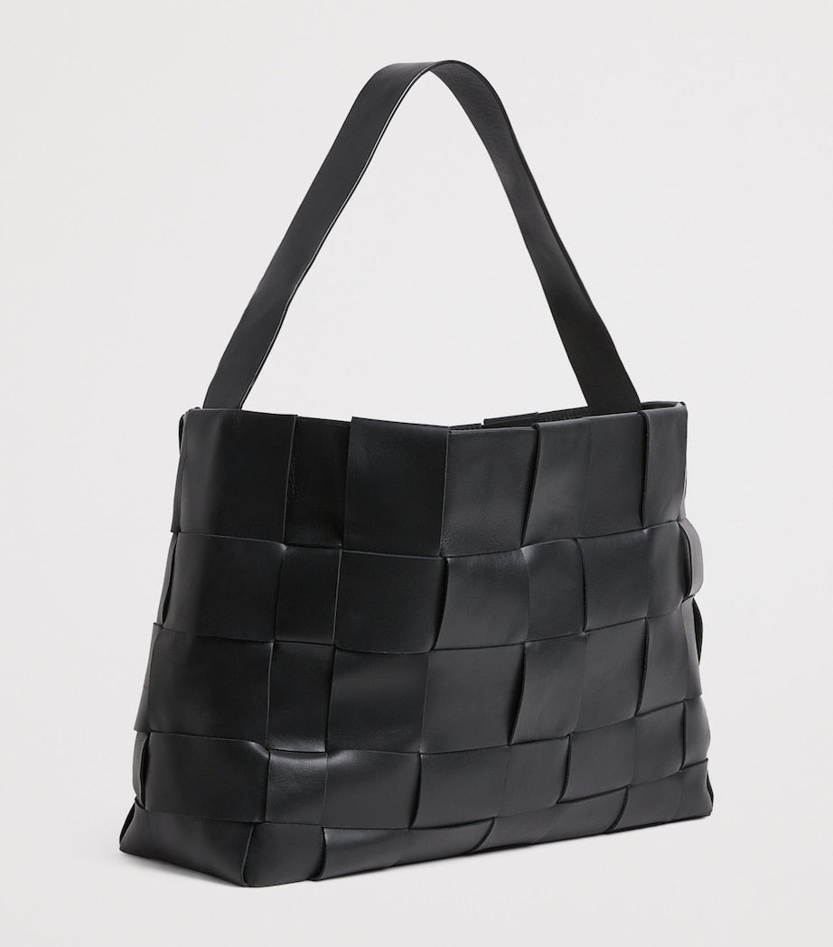 St. Agni Black Large Leather Woven Tote Bag