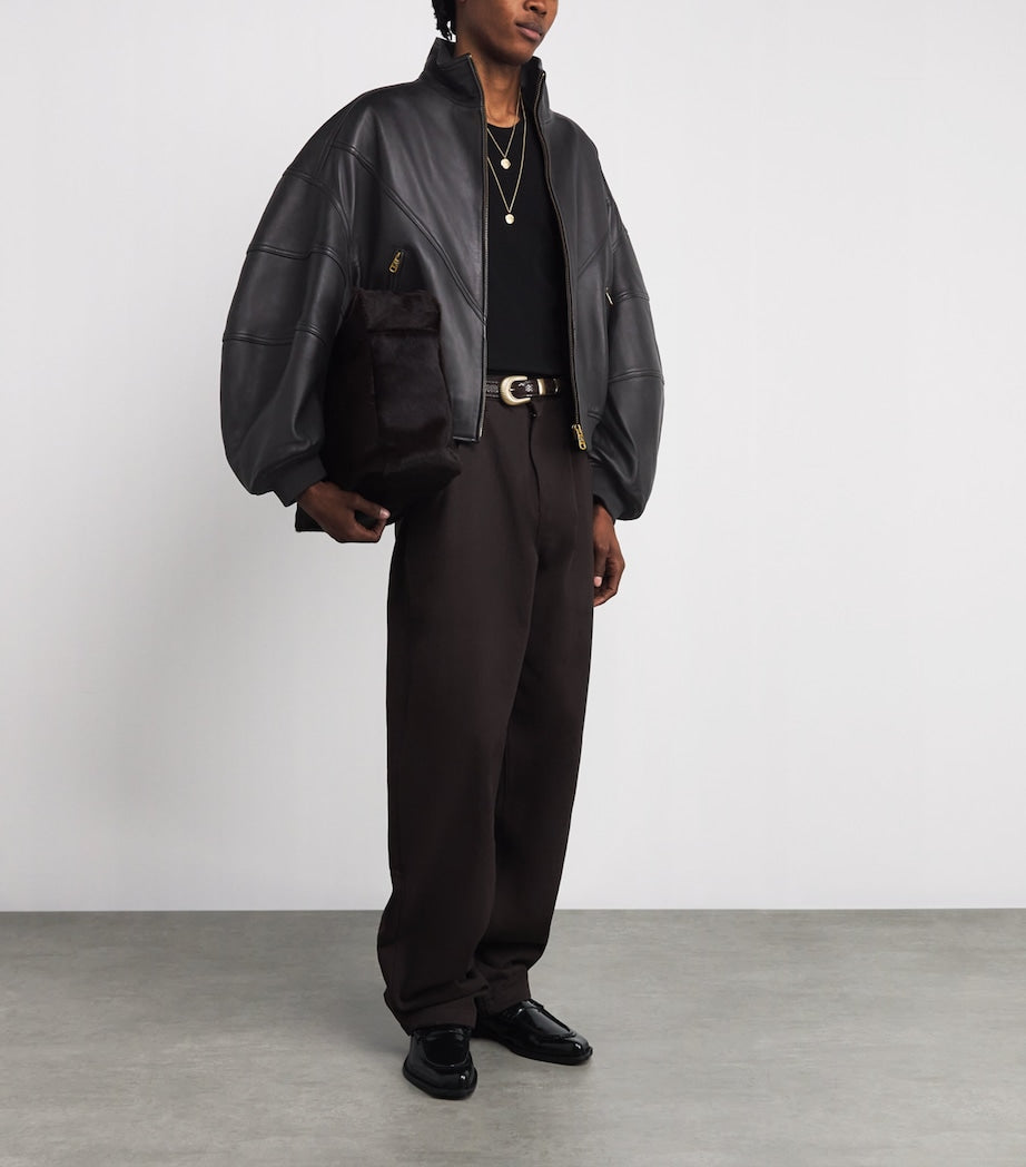 Willy Chavarria Black Leather Ruff Rider Bomber Jacket