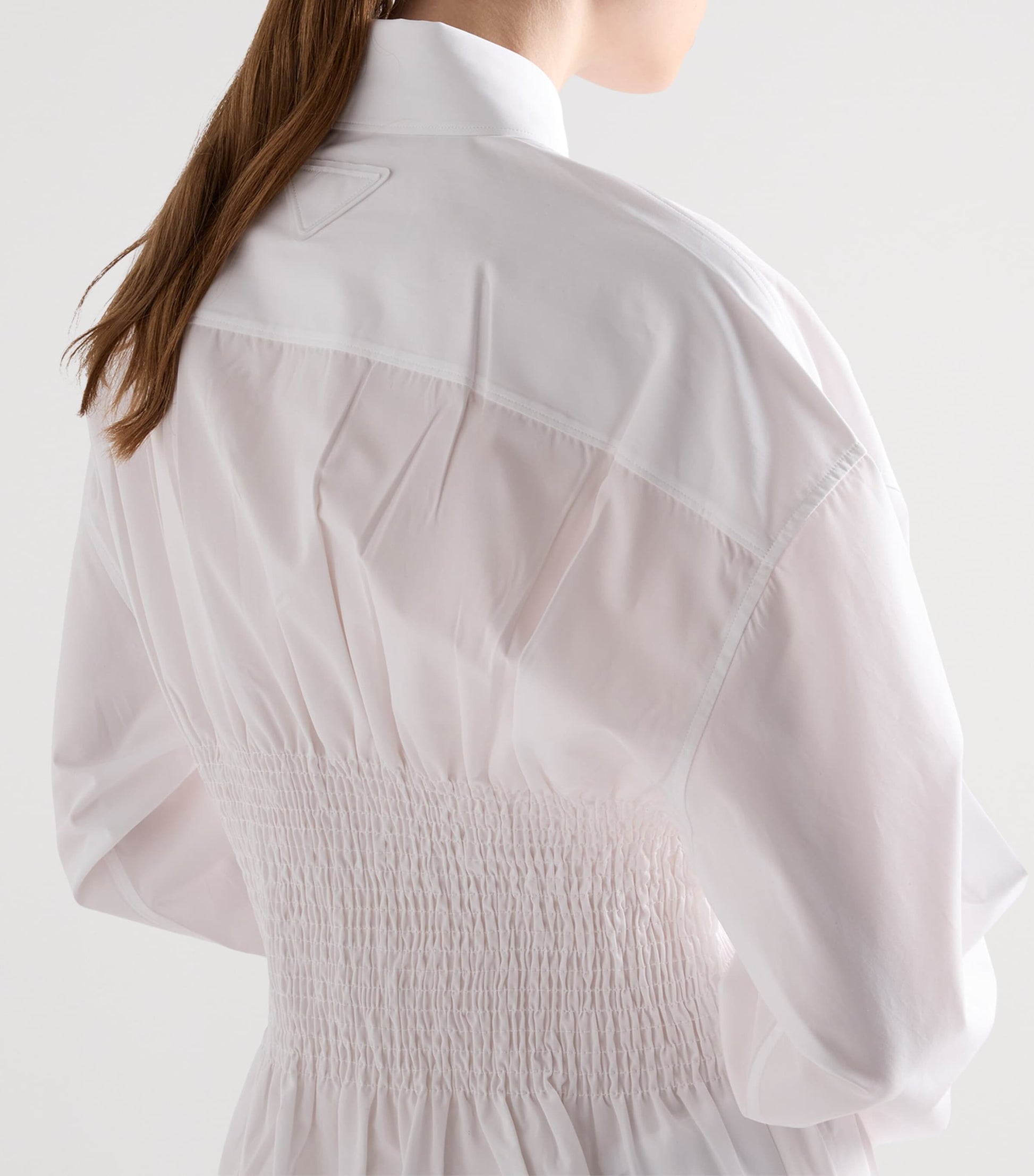 White Poplin Smocked-Waist Shirt Dress