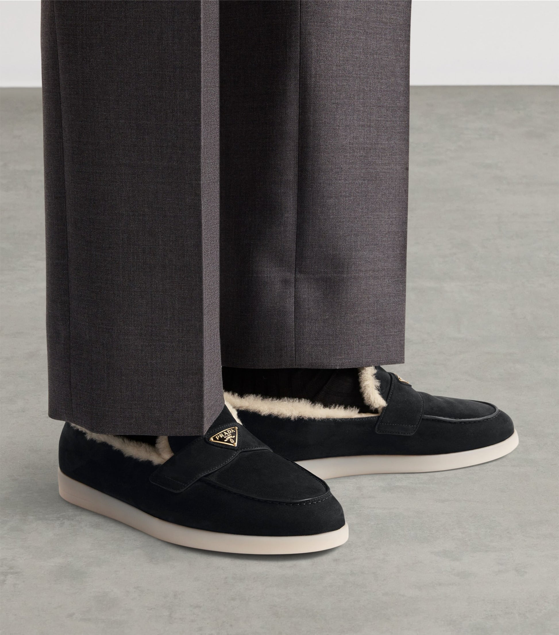 Prada Shearling-Suede Logo Loafers