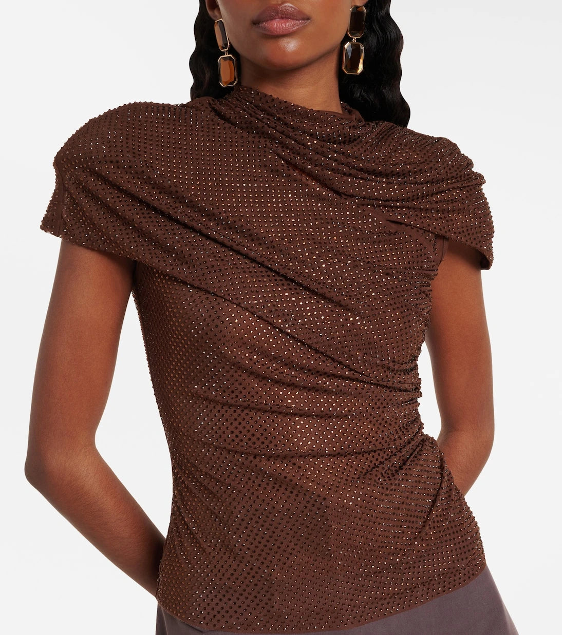 Self-Portrait - Crystal-embellished draped mesh top