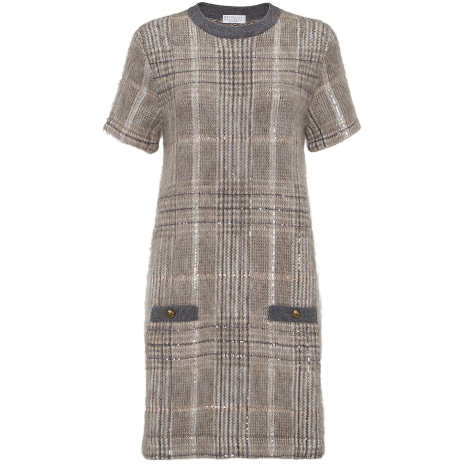 Brunello Cucinelli White Wool-Blend Checked Mini Dress
