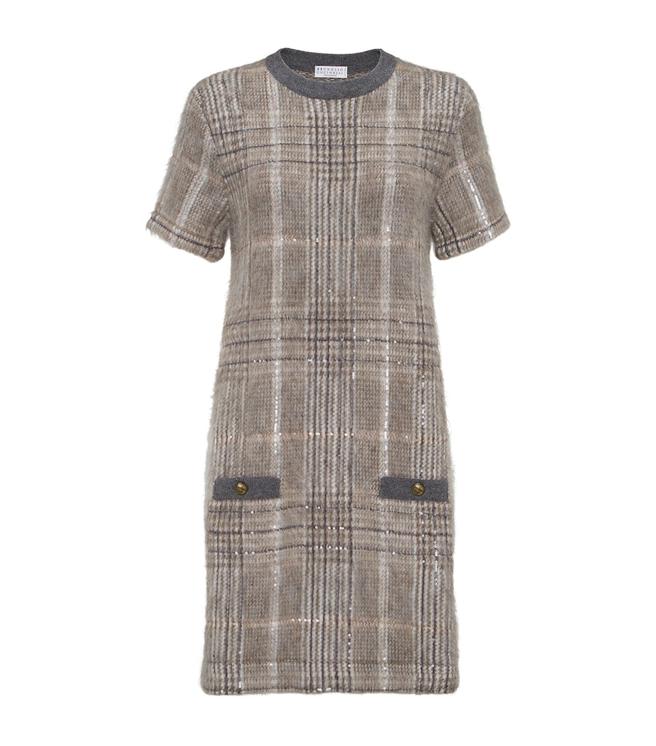 Brunello Cucinelli White Wool-Blend Checked Mini Dress