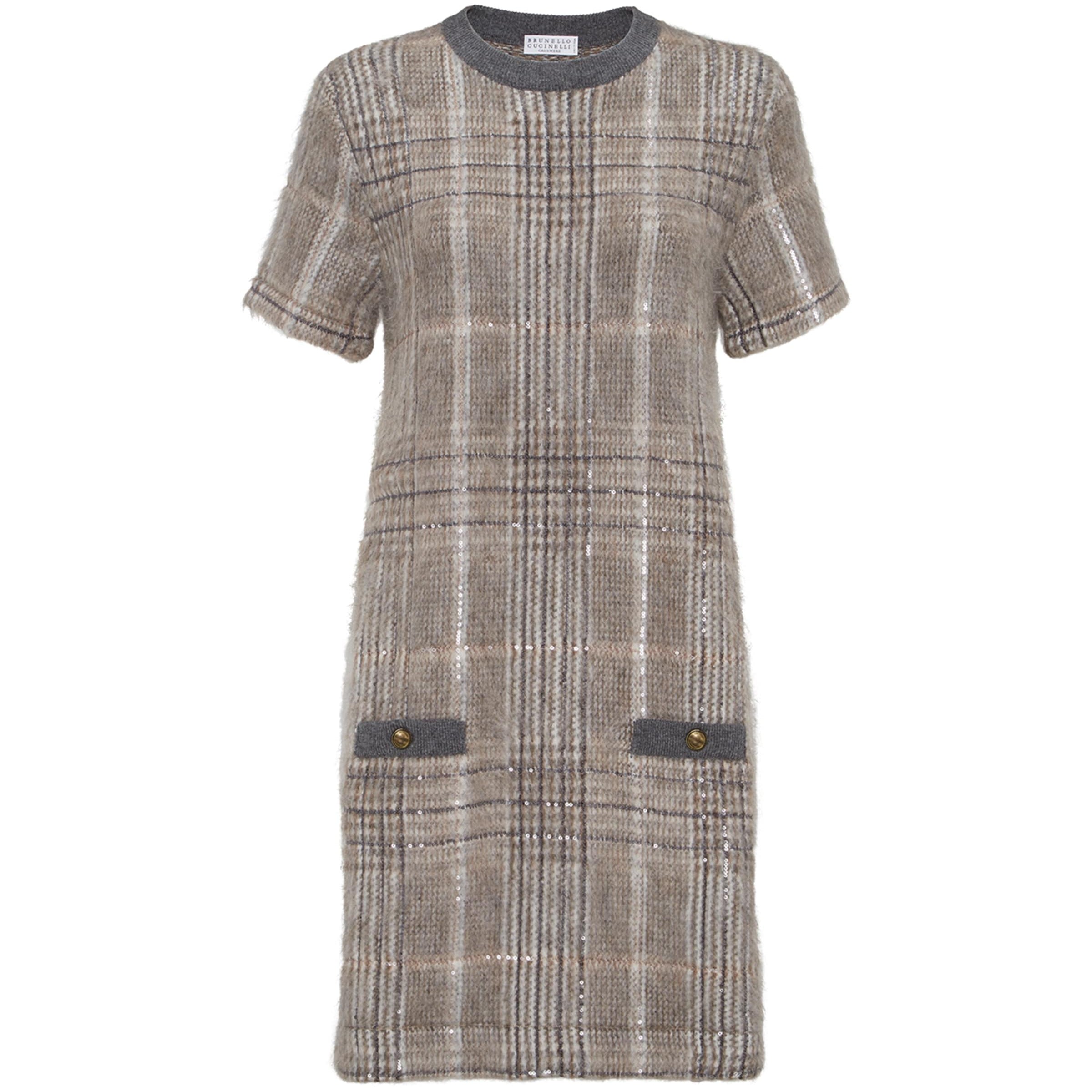 Brunello Cucinelli White Wool-Blend Checked Mini Dress